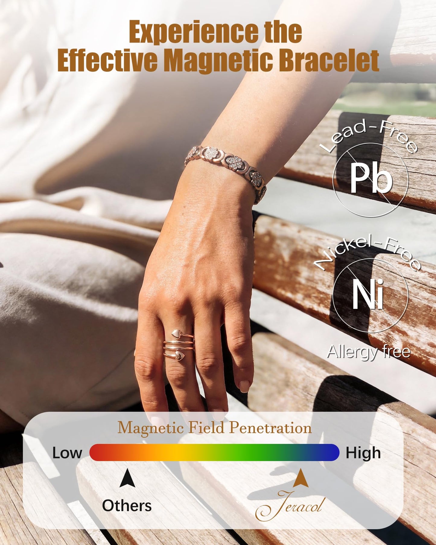 Jeracol Copper Bracelet & Ring for Women, Ultra Strength Magnetic Bracelet with 3800 Gauss Magnets, Four-Leaf Clover & Infinity Heart & Crystal, Adjustable Tools & Jewelry Gift Box(Copper Style)