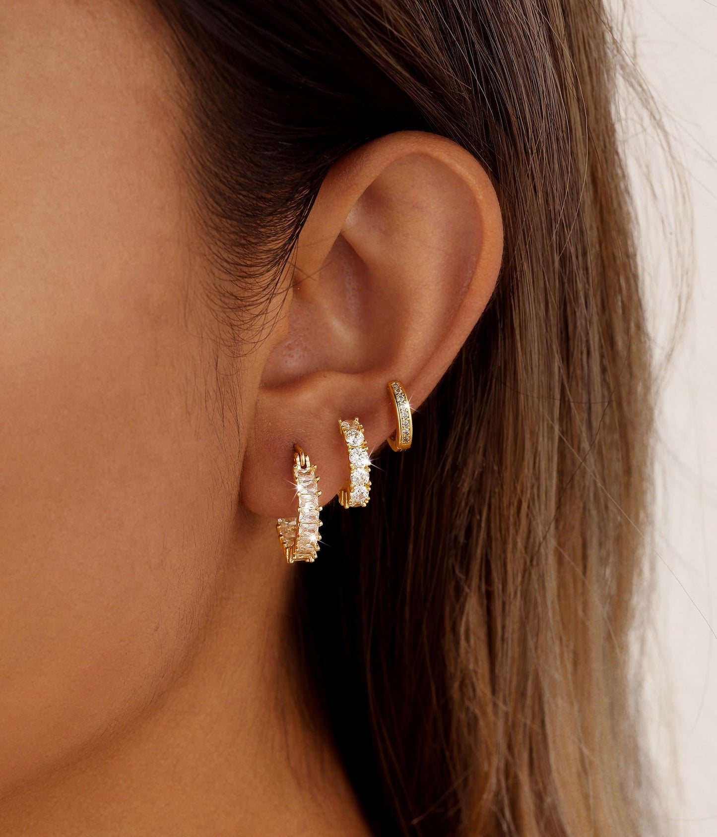 CAROVO 3 Pairs Gold Hoop Earrings for Women Trendy Dainty 14K Gold Plated Cubic Zirconia Huggie Hoop Earrings Stack for Multiple Piercing Jewelry