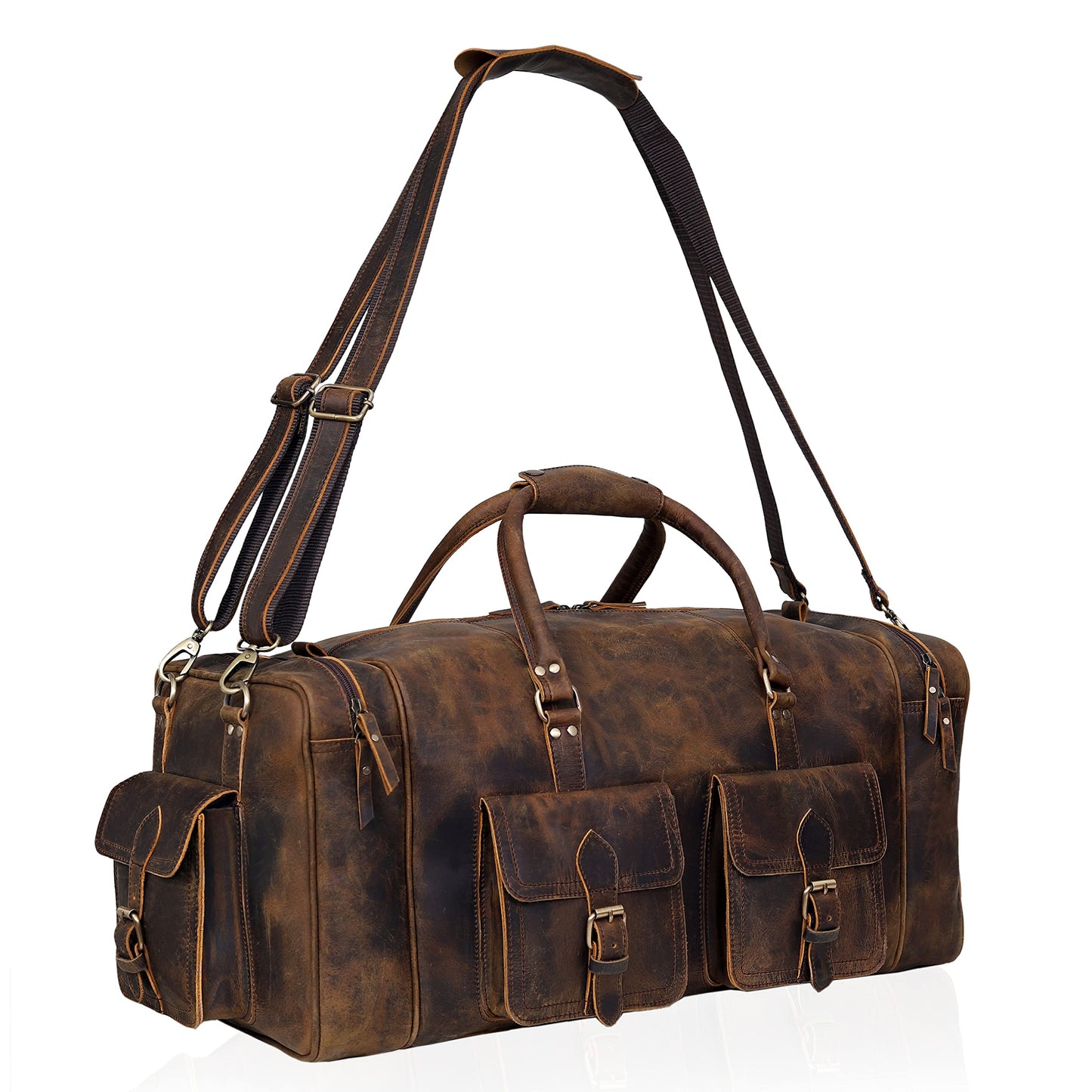Large duffel bags for men holdall leather travel bag overnight gym sports weekend bag (BROWN, 32" XX-Large)