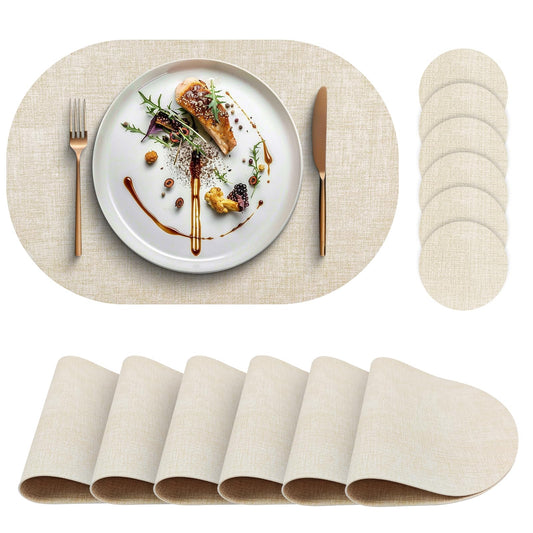 yuuzue Faux Leather Placemats Set of 6 with Matching Coasters, Heat Resistant PU Oval Placemats, Waterproof Wipeable Washable Place Mats, Non-Slip Table Placemats for Dining Table Kitchen Patio