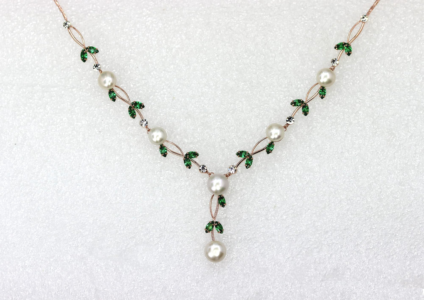 Faship Gorgeous Green CZ Crystal Genuine Freshwater Pearls Floral Necklace Earrings Set - Green/Rose Gold Plated