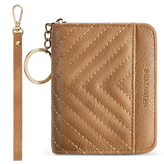 BOSTANTEN Credit Card Holder Wallet RFID Blocking Leather Small Wallet for Women Zipper Keychain Wallet with Wristlet Camel