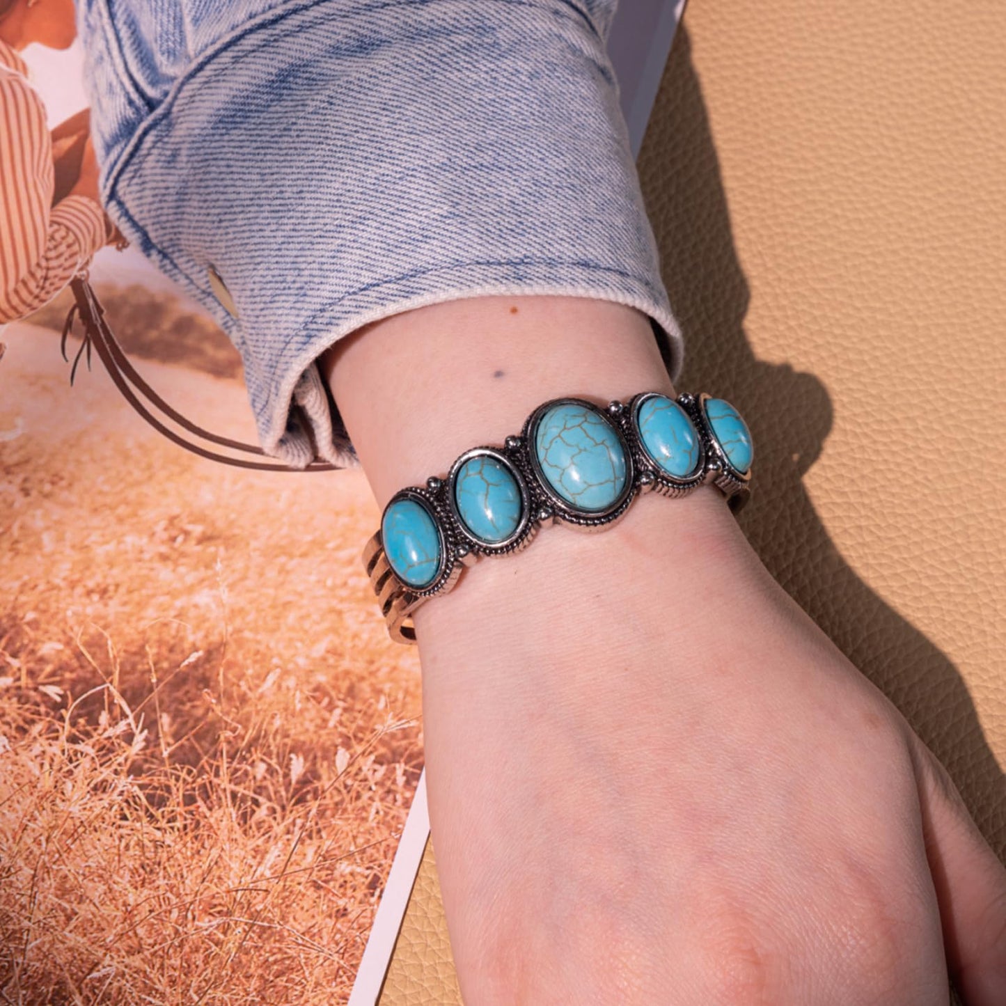 Montana West Rustic Couture's Jewelry Western Turquoise Cuff Bangle Bracelet Bohemian Vintage Elastic for Women Cowgirl RCW-WH02TQ