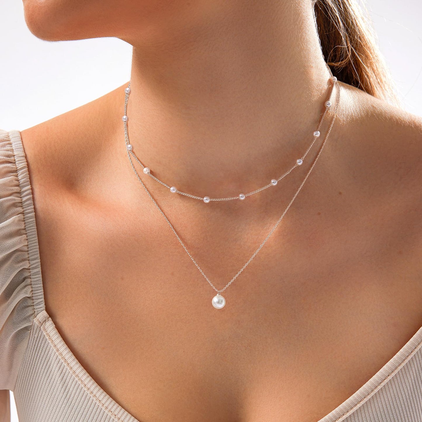Zeffy Layered Silver Pearl Necklaces for Women Dainty Layered Tiny Single Pearl Choker Trendy Cute Silver Necklace Stack Wedding Jewelry Sets for Women Bridesmaid Gifts 2PCS