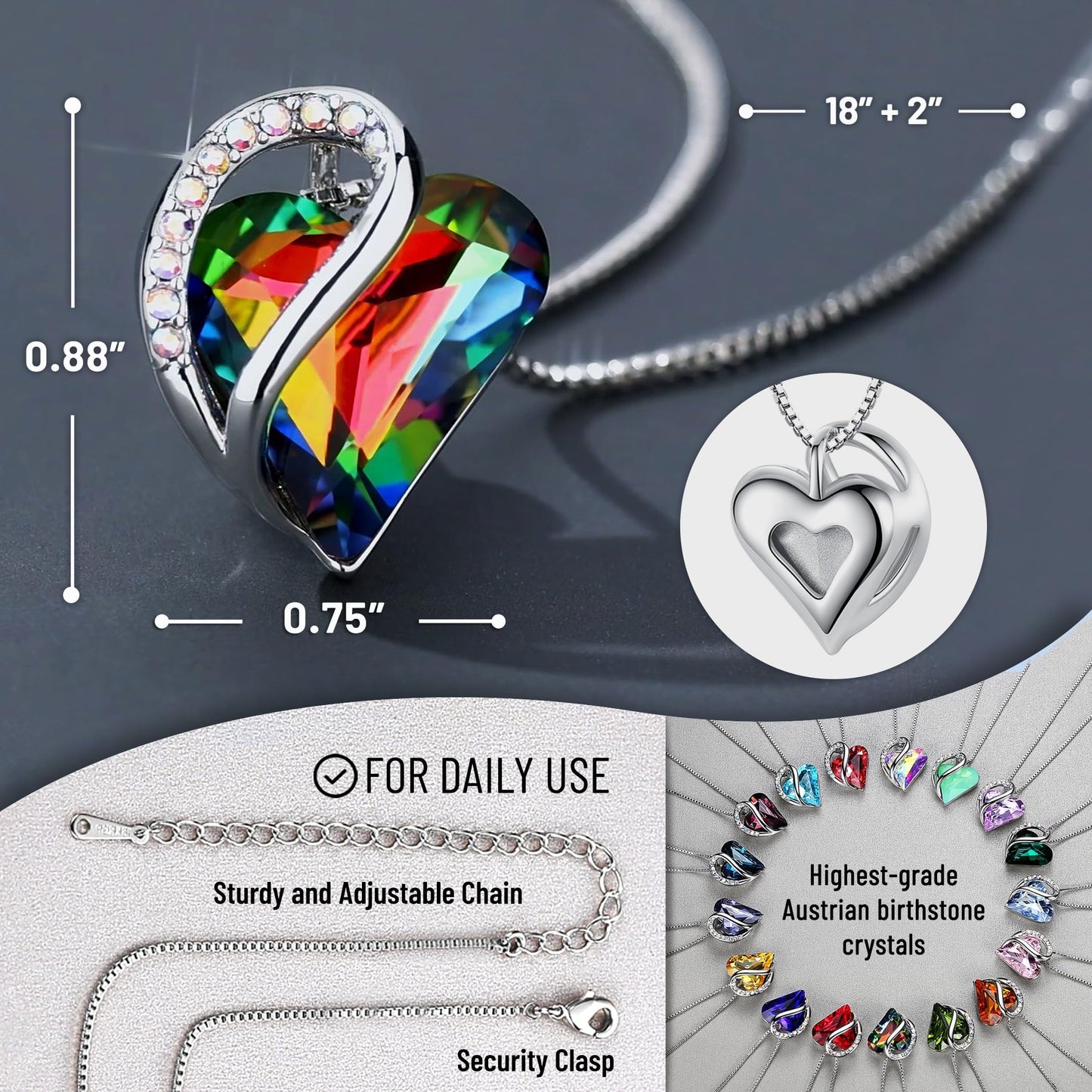 Leafael Mothers Day Gift Necklaces for Women, Infinity Love Heart Pendant with Rainbow Black Healing Crystal for Protection, Birthday Jewelry for Her, Mom, and Wife, Silver Plated, 18" + 2" Chain