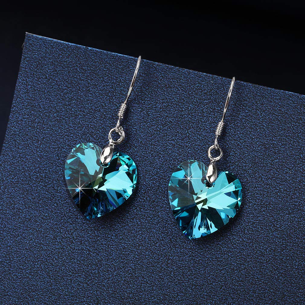 Austrian Crystal Heart Drop Dangle Earrings for Women 925 Sterling Silver Hook Hypoallergenic Earring (Bermuda Blue)