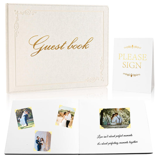 Rolarhola 8x10 Leather Guest Book and Standup Sign Set, Gold Foiled Cover Registry Book for Wedding Reception, Retirement Party, Vacation Homes and Events, 120 Sheets (White Blank)