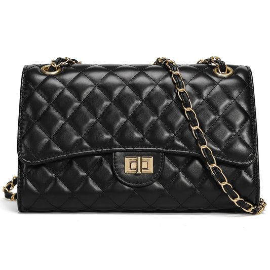 Quilted Crossbody Purse for Women Trendy Ladies Shoulder Bag with Chain Strap PU Leather Cross Body Bags Satchel HandBag,Black