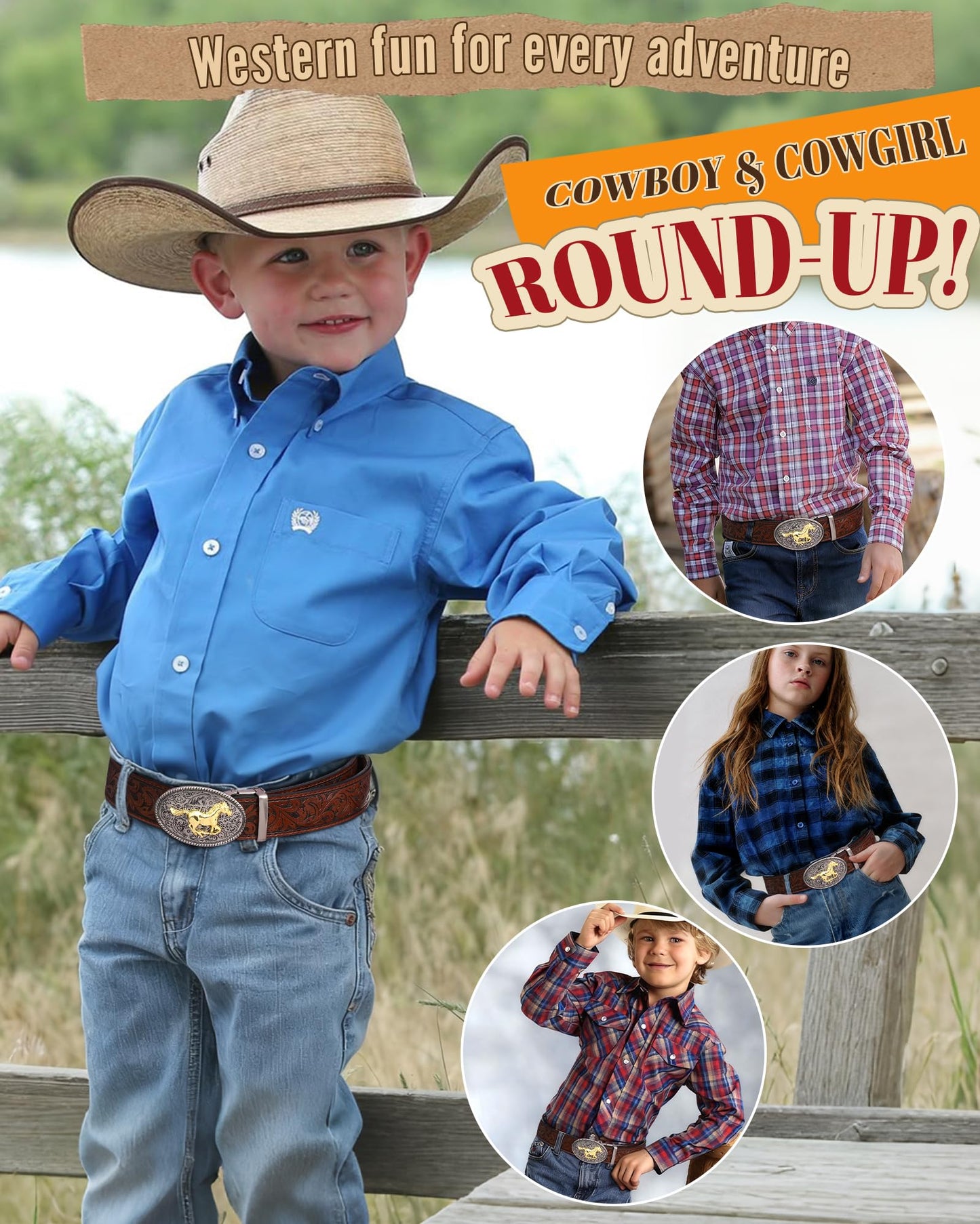 AWAYTR Kids Ratchet Western Belt - PU Leather Cowboy Belt Adjustable Toddler to Big Kid Sizes for Jeans (Gunmetal Gold Horse-Dark Brown, Fit Waist: 30.5"-35")