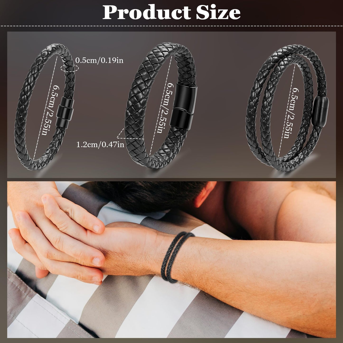 SOMEITIA 3Pcs Genuine Italian Braided Leather for Men Women Leather Wrist Cuff Bracelets Black Brown Stainless Steel Clasp Wrap Wristband Black 7.5 Inch