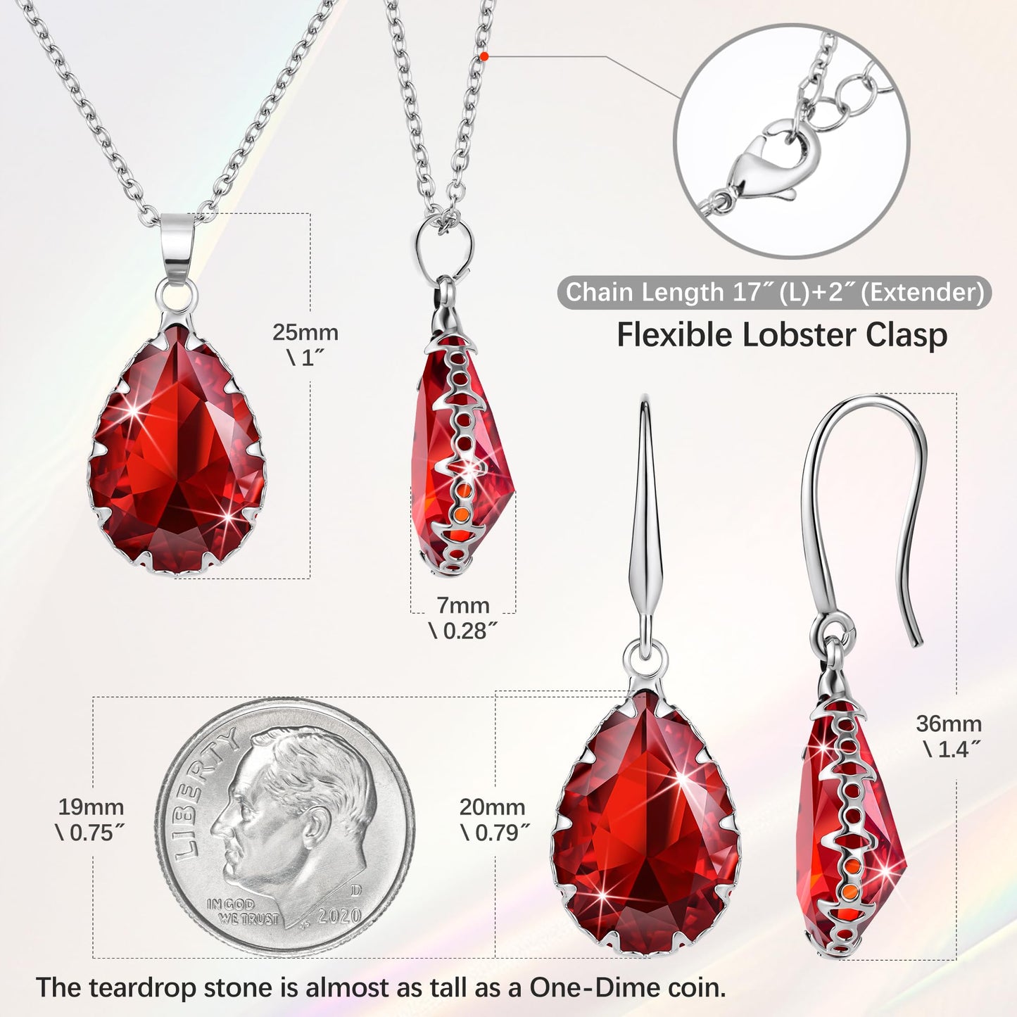 Linawe Garnet Imitation Diamond Pendant Necklace Set, Boho Ruby Crystal Wedding Jewelry Sets for Women, Silver Drop Dangle Red Earring Set, Teardrop Rhinestone Birthstone Matching Jewelry