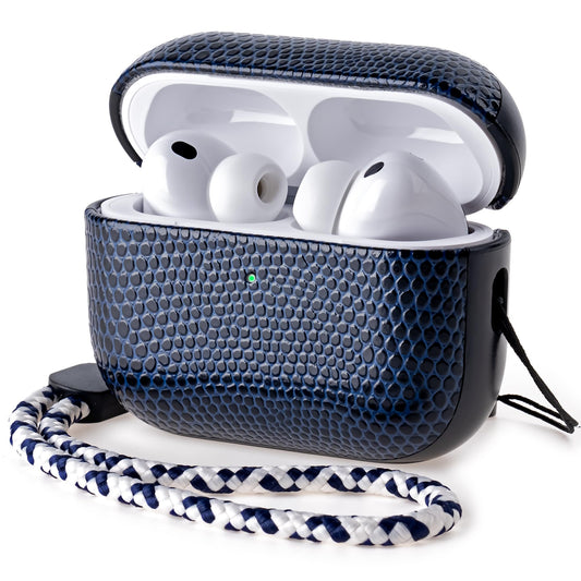 RIXENY Leather Case for AirPods Pro 3 (3rd Gen 2025), Adjustable Lanyard, Vegan Lizard Texture Leather, Hard Shell, Scratch/Shock Proof, Wireless Charging, for Fashion & Luxury Lovers, Blue
