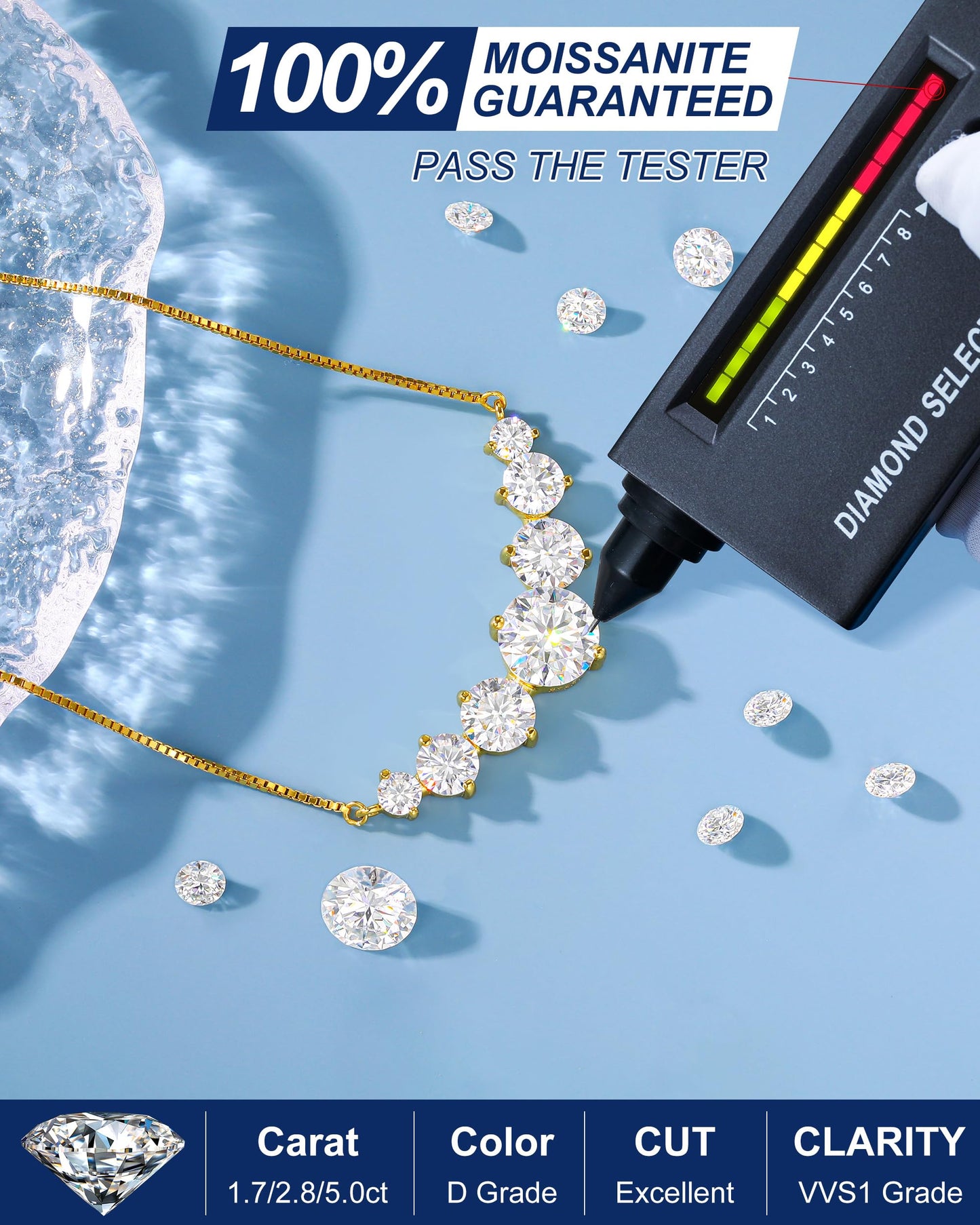 Moissanite Necklace for Women, 5.0 Carat 7 Stones Simulated Diamond Necklace 18k Yellow Gold Plated Sterling Silver Smile Pendant Necklace 16.5+2.5 inch Box Chain with Certificate of Authenticity
