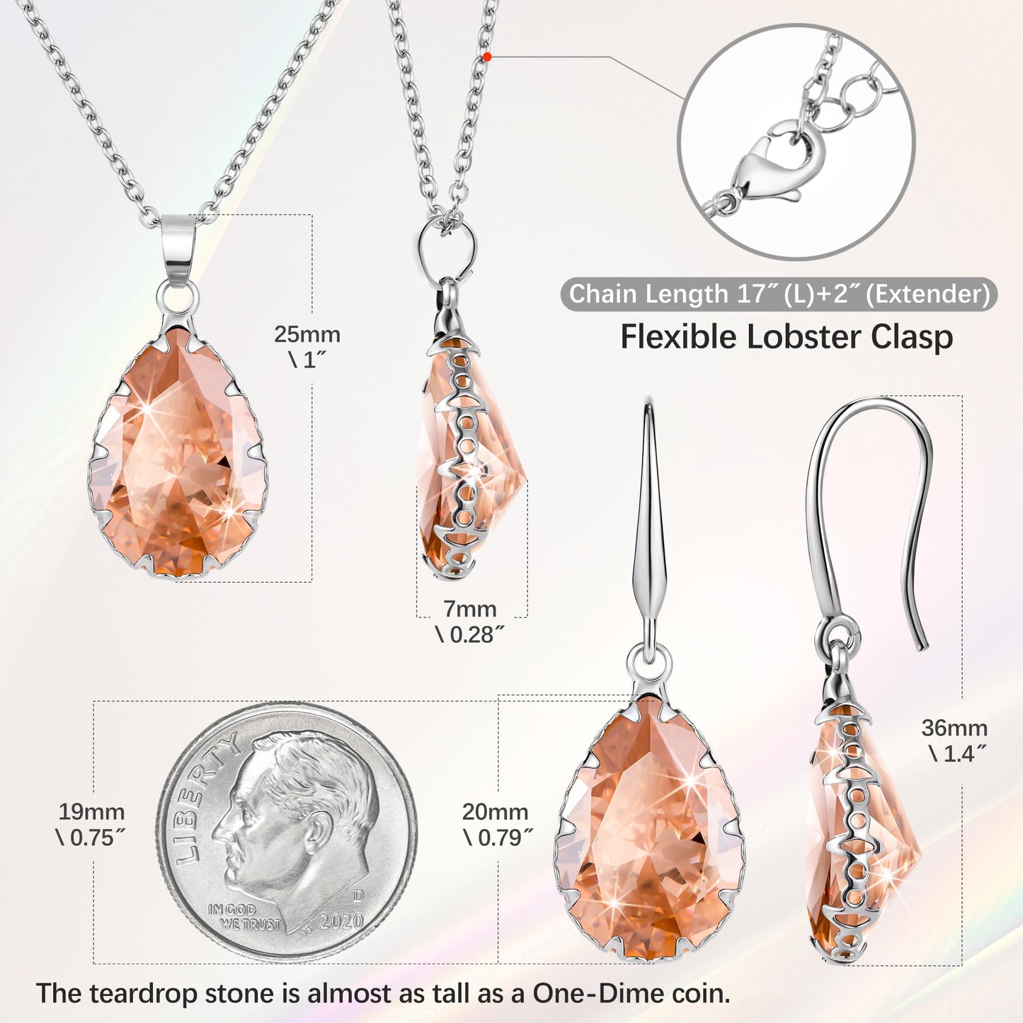 Linawe Citrine Crystal Jewelry Sets for Women, Yellow Imitation Diamond Pendant Necklace, Rhinestone Drop Dangle Teardrop Earring Set, Birthstone Cubic Zirconia Matching Wedding Jewelry Silver