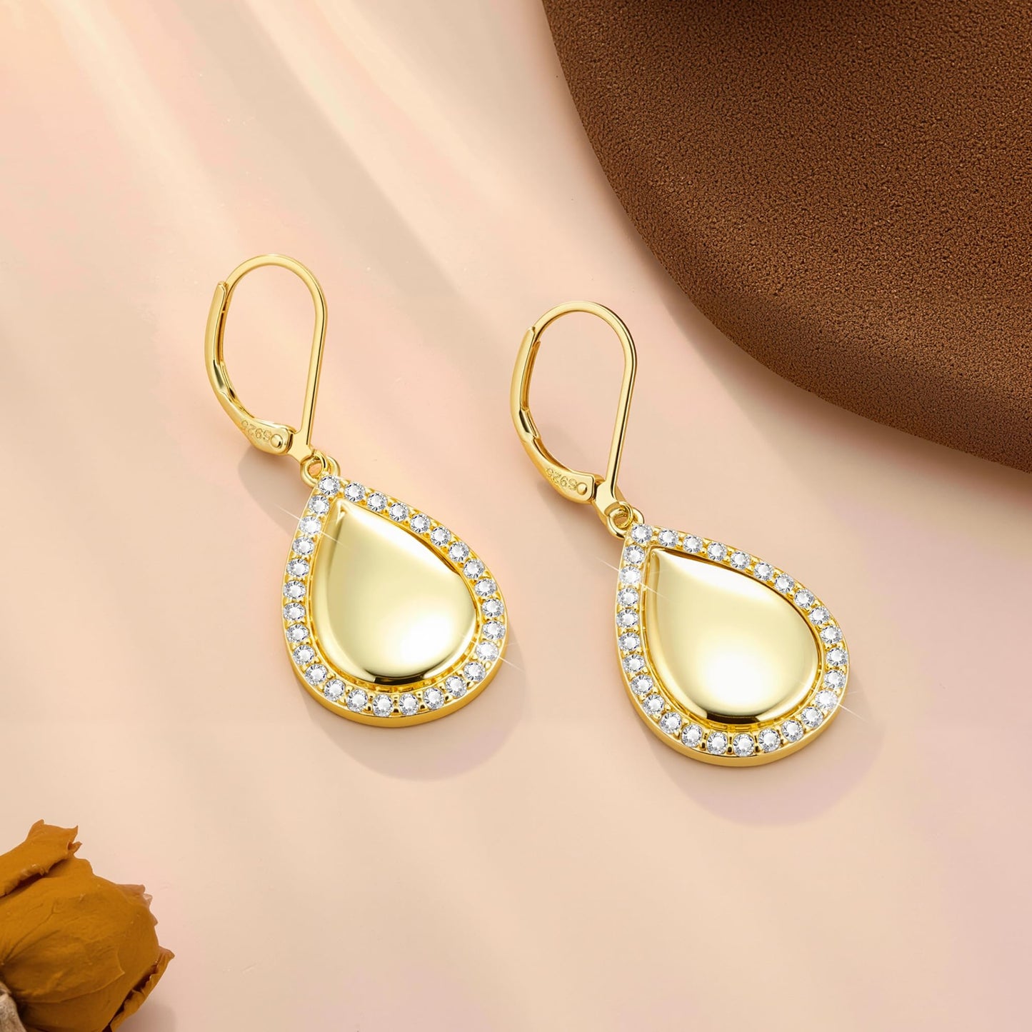 Waterdrop Gold Dangle Earrings for Women, LANCHARMED 14K Goldplated Large Waterdrop Earring with Cubic Zirconia Teardrop Dangle Gold Leverback Earrings for Women Trendy Statement Jewelry