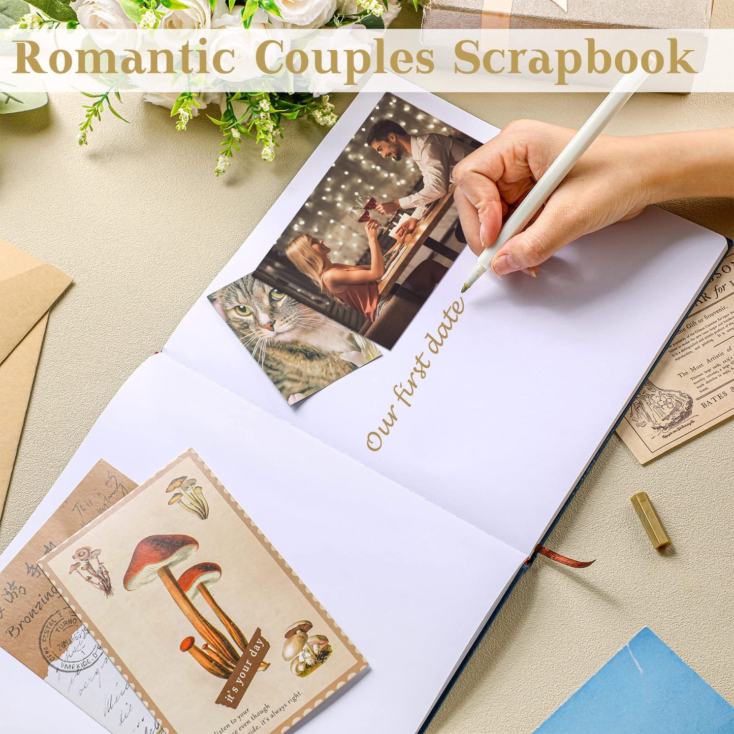 Colarr Hardcover Couples Scrapbook 144 Pages 8.7 x 8.7" Wedding Couples Photo Album Scrapbook Journal for 1 Year Wedding Memory Anniversary Photo Book Gift with 2 Markers(Navy Blue,the Story of Us)