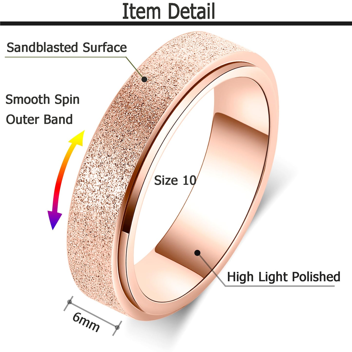 OreilleStar Anxiety Ring for Women Men Fidget Toys Adults Titanium Stainless Steel Fidget Spinner Ring 6mm Wide Band Cool Mood Rings Size 10 Rose Gold Hand Polished