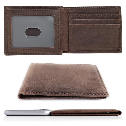 LnxLtw Bifold Travel Wallets for Mens Slim RFID Blocking | Compact Front Pocket Thin Genuine Leather Wallet | Minimalist Credit Card Holder with 4 Card Slots and ID Window Gift Box (Dark Brown)