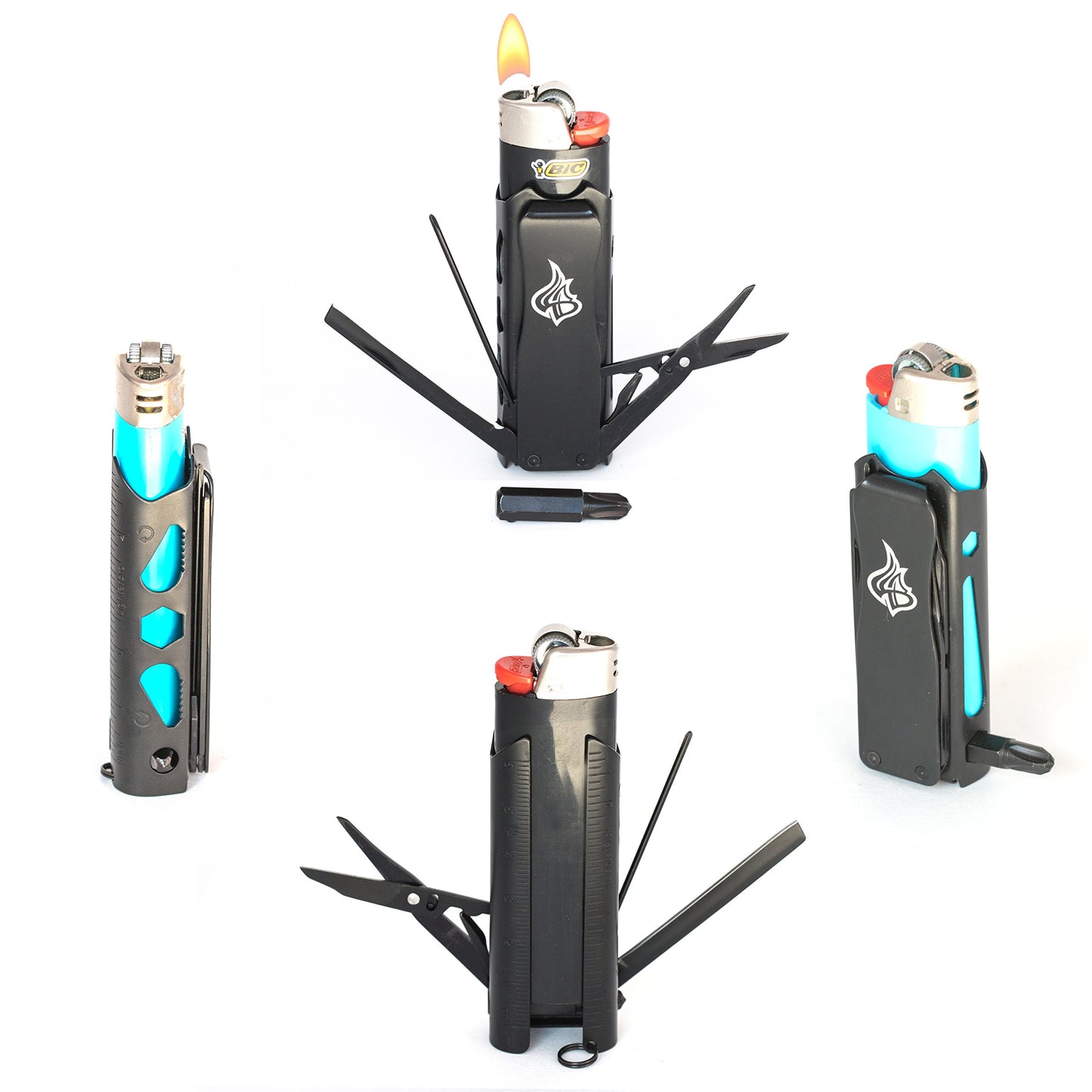 LighterBro Pro Lighter Sleeve - Multi-tool - 420 Stainless Steel - Easily Fits Your Favorite Lighters - Includes Mini Pocket Knife, Ruler, Scissors, Screwdriver, Poker, Key Ring & More (Black)