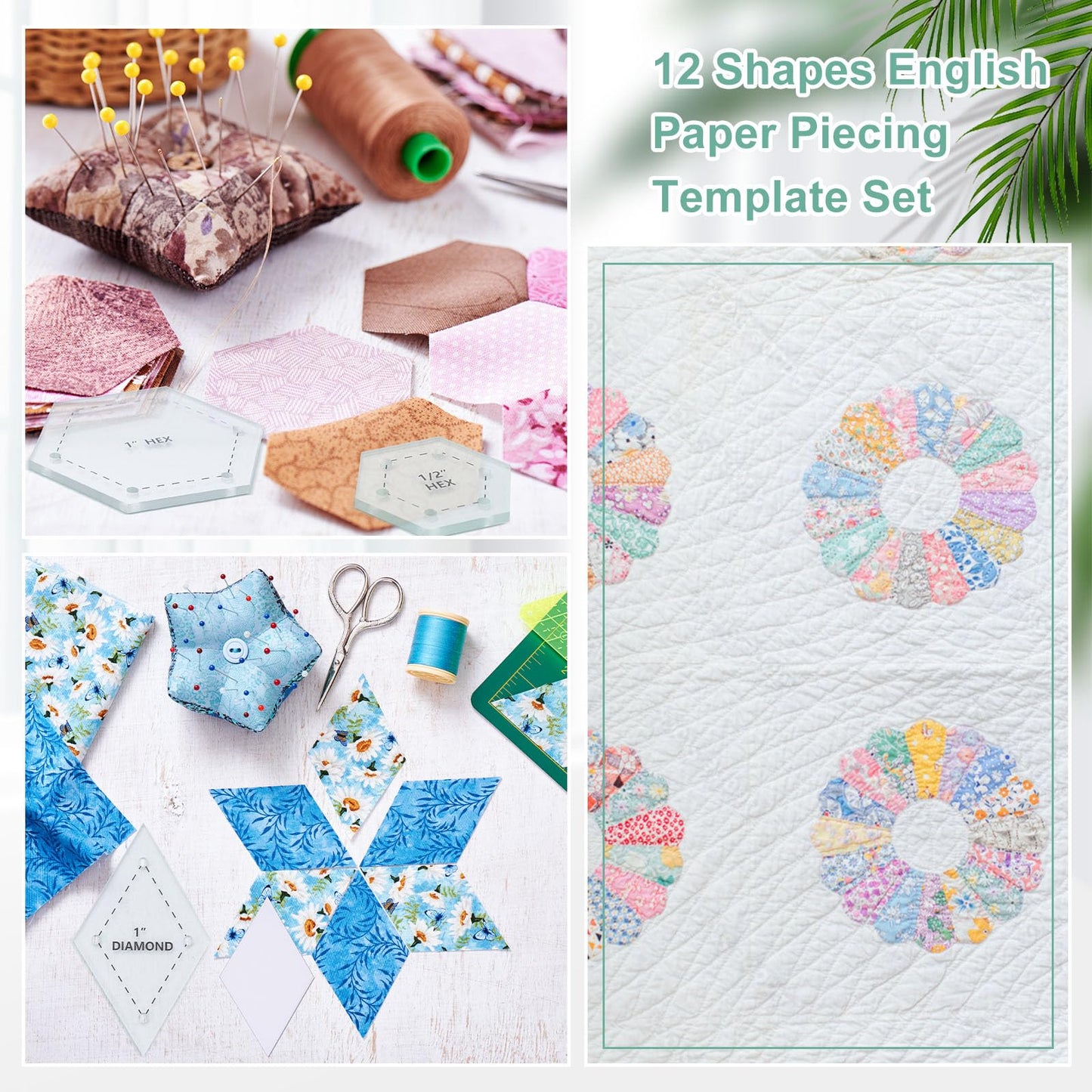 Cinnvoice 612 Pcs Patchwork Paper EPP English Piecing Supplies 12 Shapes Acrylic Templates with 600 Paper Piecing for Sewing Dresden Plate Triangle Hexagon Quilting Template(Classic 1,Clear)