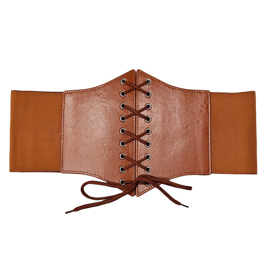 Wildarms Corset Waist Belt for Women, Wide Elastic Tie Waspie Belt for Dresses (Brown, Fit Waist 30-33in)
