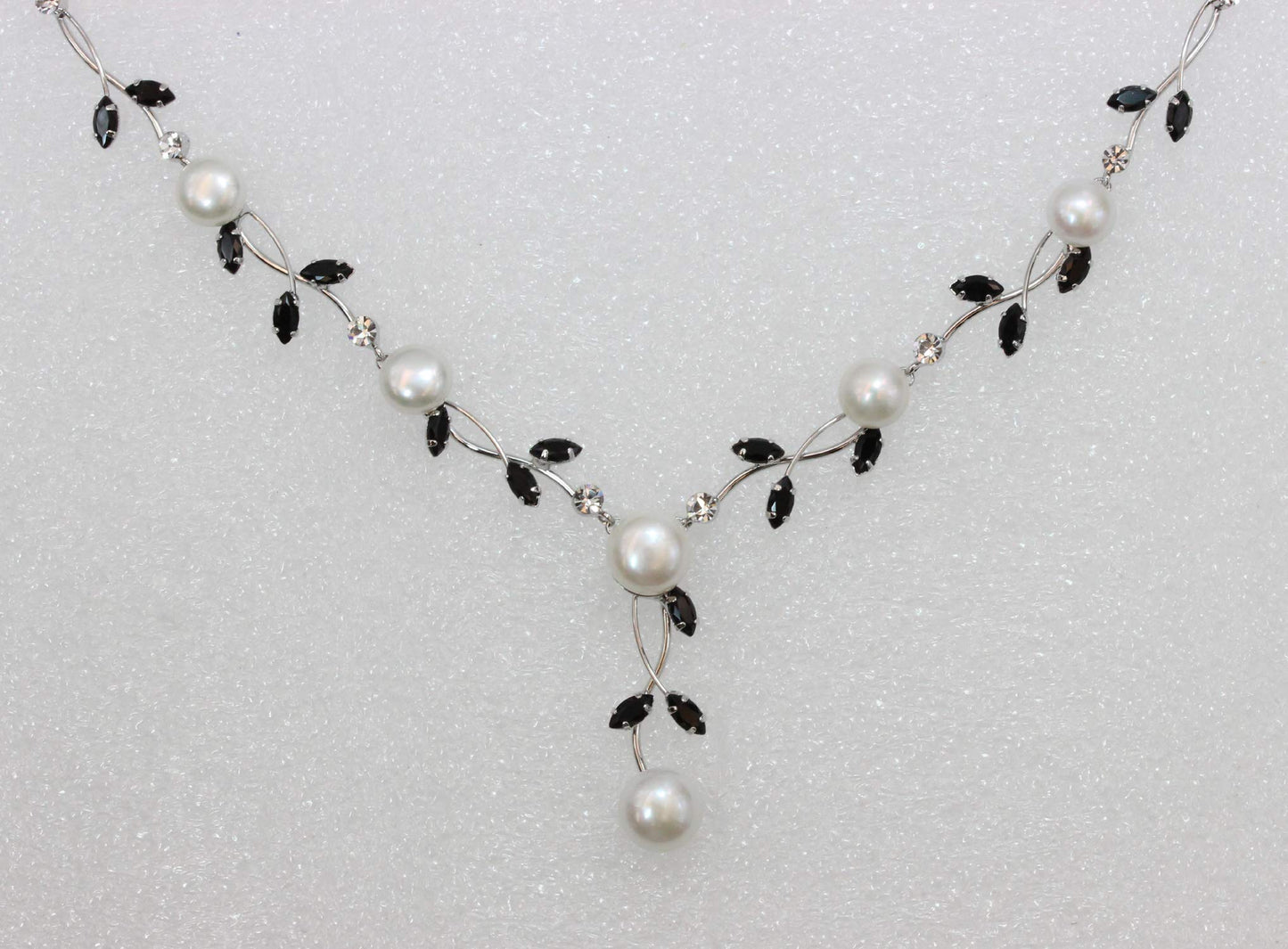 Faship Gorgeous Black CZ Crystal Genuine Freshwater Pearls Floral Necklace Earrings Set - Black