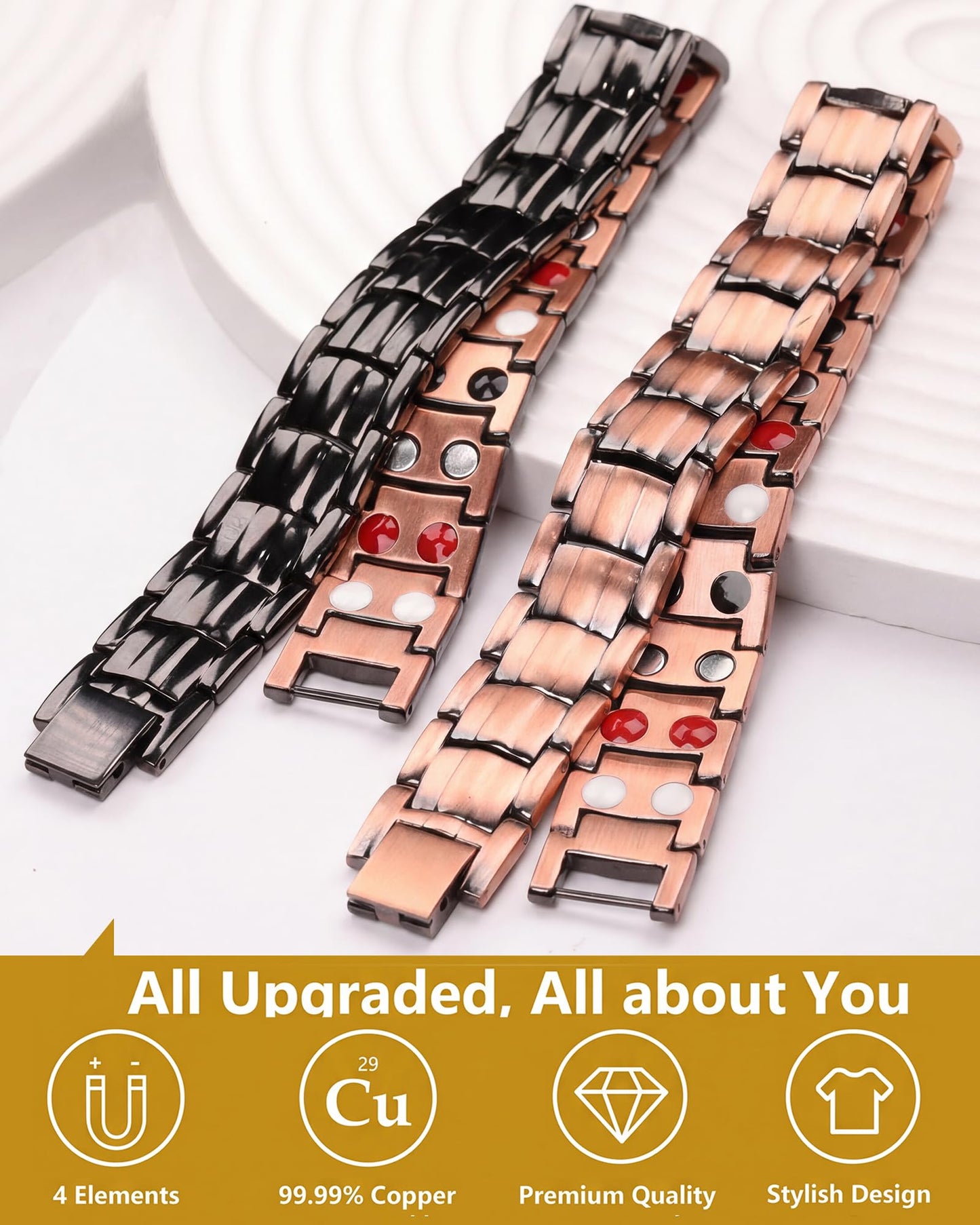 Feraco Copper Bracelet for Men 4 Elements Magnetic Bracelets Elegant 99.99% Solid Copper Jewelry with Magnets (Black)
