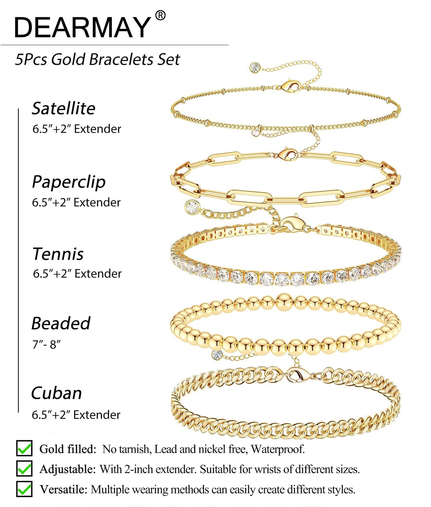 DEARMAY 14K Gold Plated Bracelets for Women Jewelry Sets for Women Cute Tennis Beaded Bracelets Cuban Link Paperclip Chain Dainty Bracelet Pack Gifts