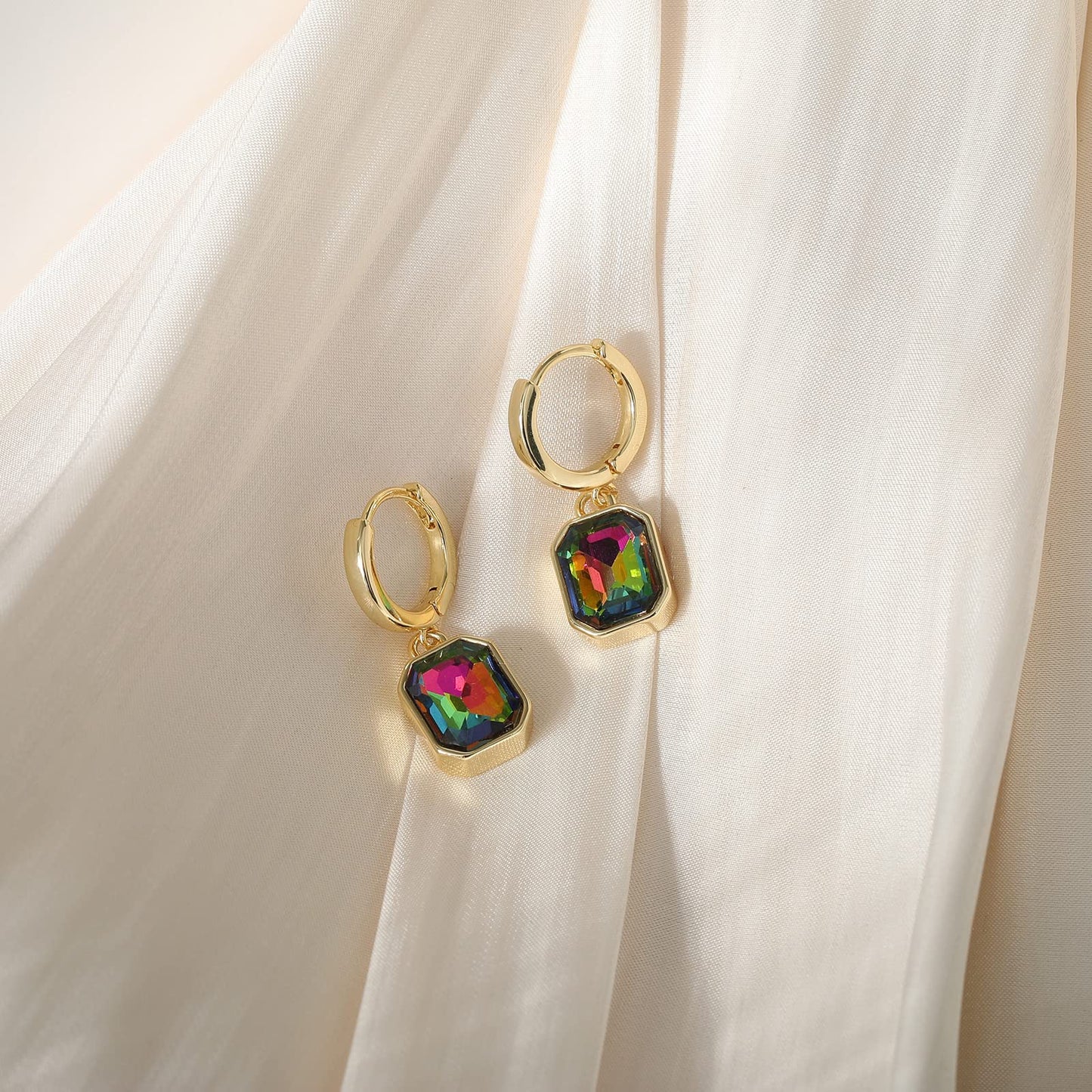 Birthstone Crystal Dangle Drop Earrings, 18K Gold Plated Huggie Hoop Hypoallergenic Earring Jewelry Gifts for Women (Vitrail Medium)