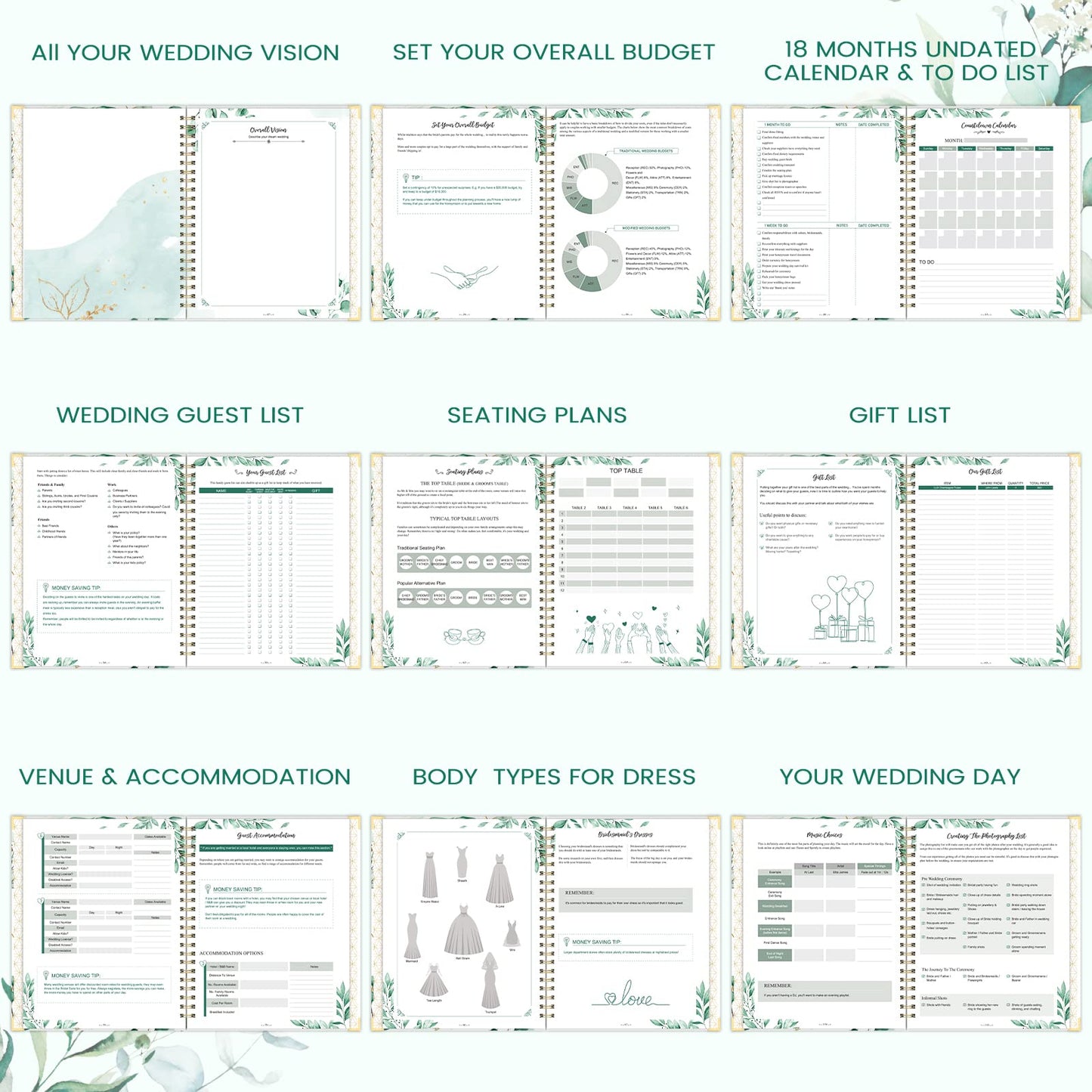 Wedding Planner & Organizer - Wedding Planner Book and Organizer for the Bride, 9.5" x 11.9" Diary Engagement Gift Book, Hardcover + Metal Corner + 5 Inner Pockets + Sticker + Elastic Closure - Floral
