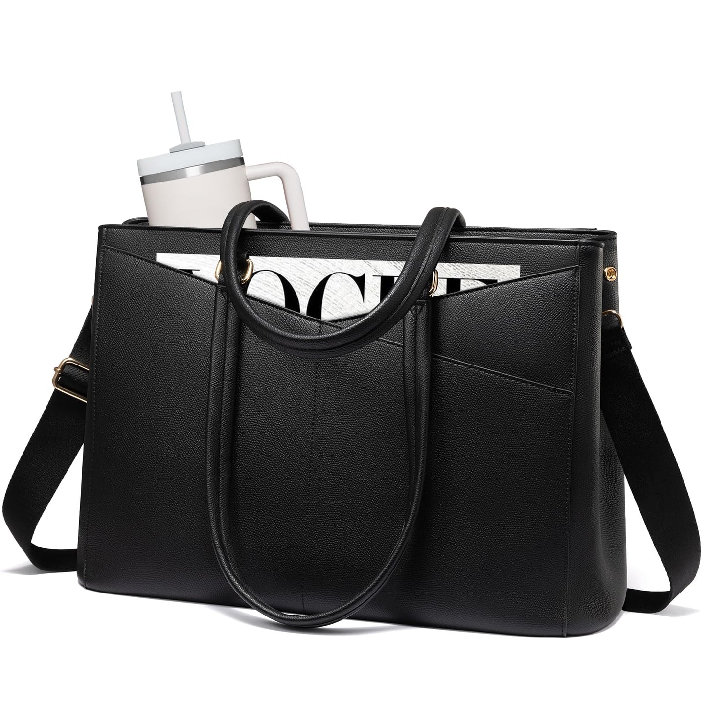 LOVEVOOK Laptop Tote Bag for Women 15.6 Inch Leather Work Bags with Large Cup Holder for Teacher Work Business,Black