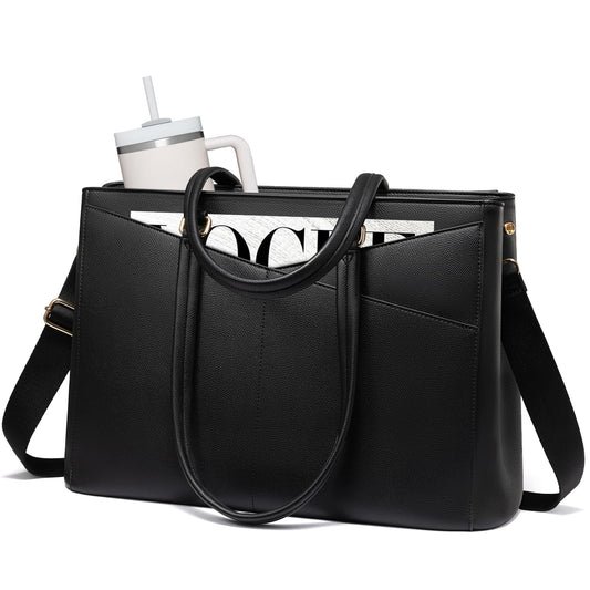 LOVEVOOK Laptop Tote Bag for Women 15.6 Inch Leather Work Bags with Large Cup Holder for Teacher Work Business,Black