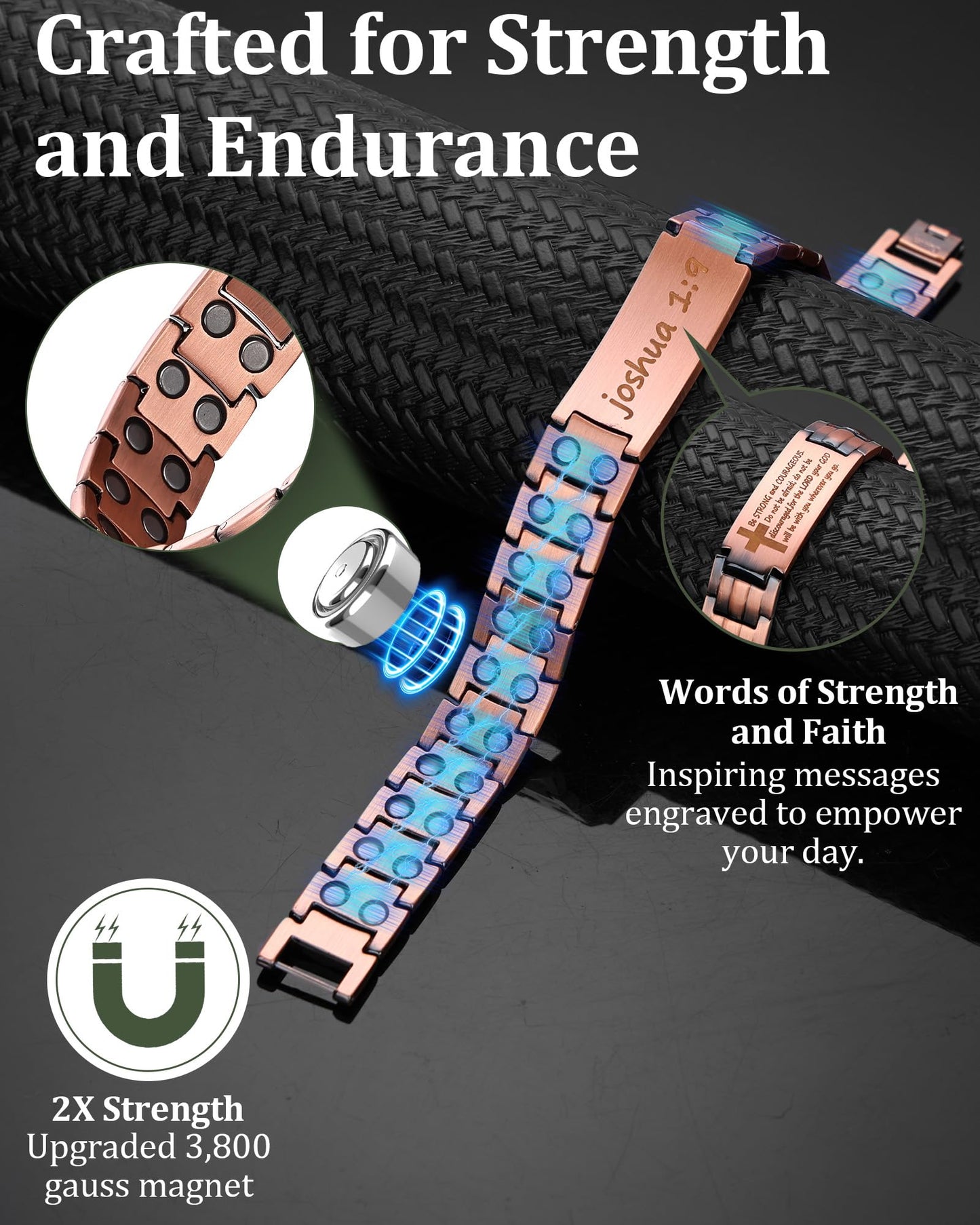 Fashtour Copper Cross Bracelet for Men - Ultra Strength Magnetic Mens Cross Jewelry Set - Adjustable Magnetic Bracelet with Sizing Tool Jewelry Box (Copper&Joshua 1:9)