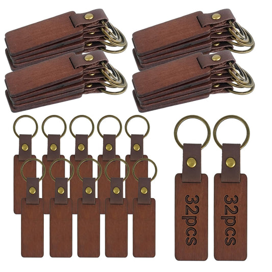 LECEHIVO 32 Pcs Leather Wood Keychain Blanks with Leather Strap and Wooden Keychain Blanks for DIY Various Key Tags, Unfinished Wood Crafts Gift for Laser Engraving