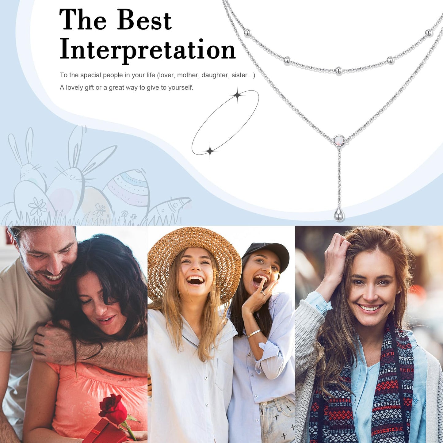 FLYOW S925 Sterling Silver Double Layered Necklace Teardrop White Opal Choker Y Lariat Necklace Mothers Day Birthday Gifts for Women Wife Fiancée