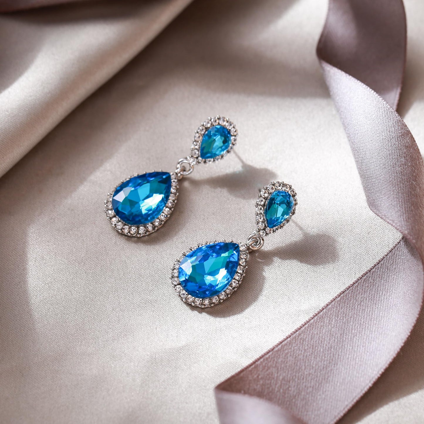 EVER FAITH Women's Austrian Crystal Wedding Tear Drop Dangle Earrings Sea Blue