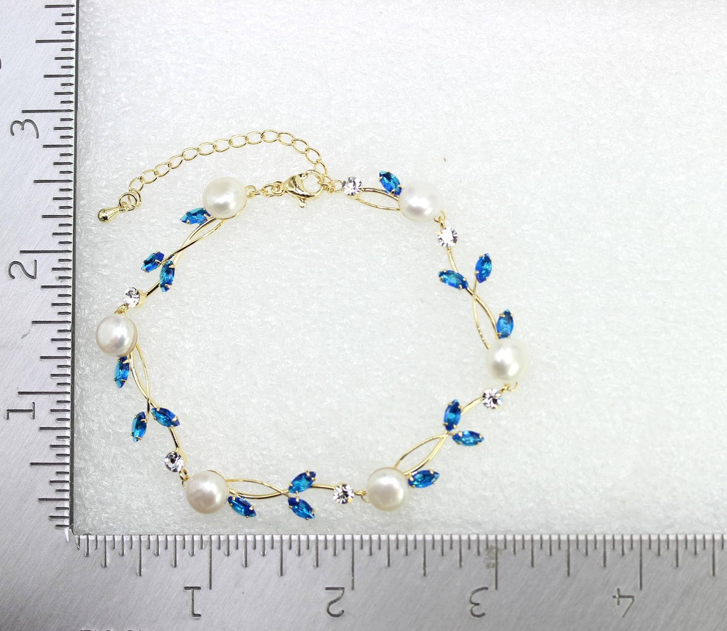 Faship Blue CZ Crystal Genuine Freshwater Pearls Floral Bracelet 7.5" - 9.5" - Blue/Gold Plated/Matching Bracelet