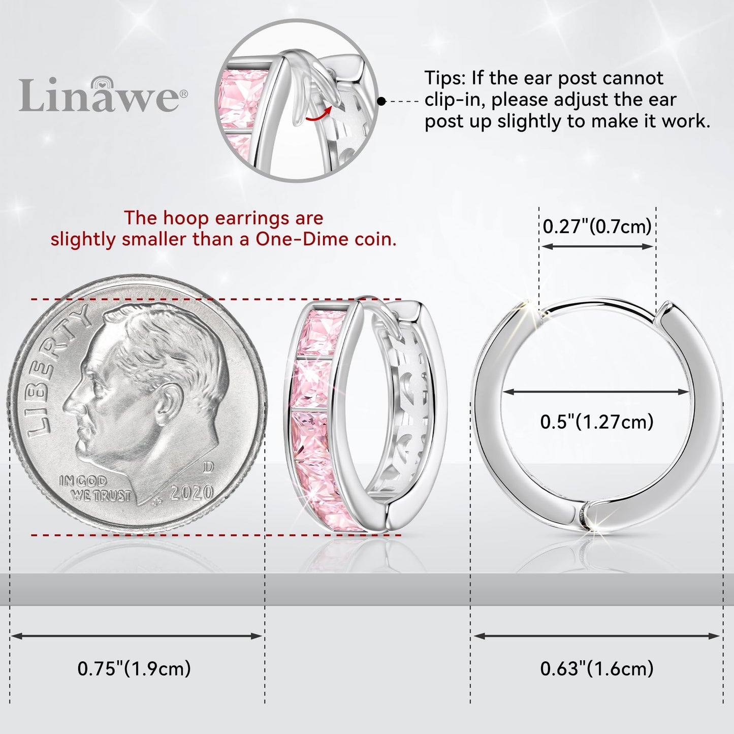 Linawe Silver Hoop Earrings for Women Trendy, Pink Cubic Zirconia Moissanite Earrings Studs, Flat Back Helix Pride Cute Small Huggie Earrings, Cartilage Cuff Ear Piercing Nap