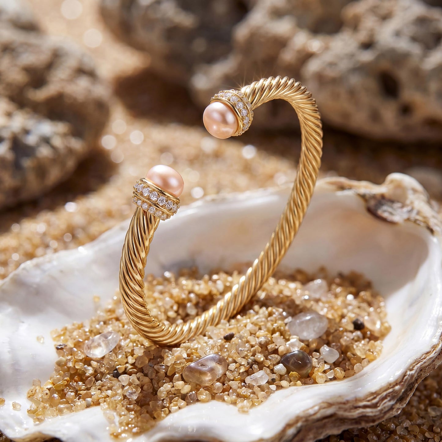 Fettero Gold Cuff Bangle Bracelets for Women - 14K Gold Plated Adjustable Open Cuff Friendship Bracelets Twisted Cable Bangle Bracelet Lightweight Pink Pearl Bracelet for Dainty Jewelry