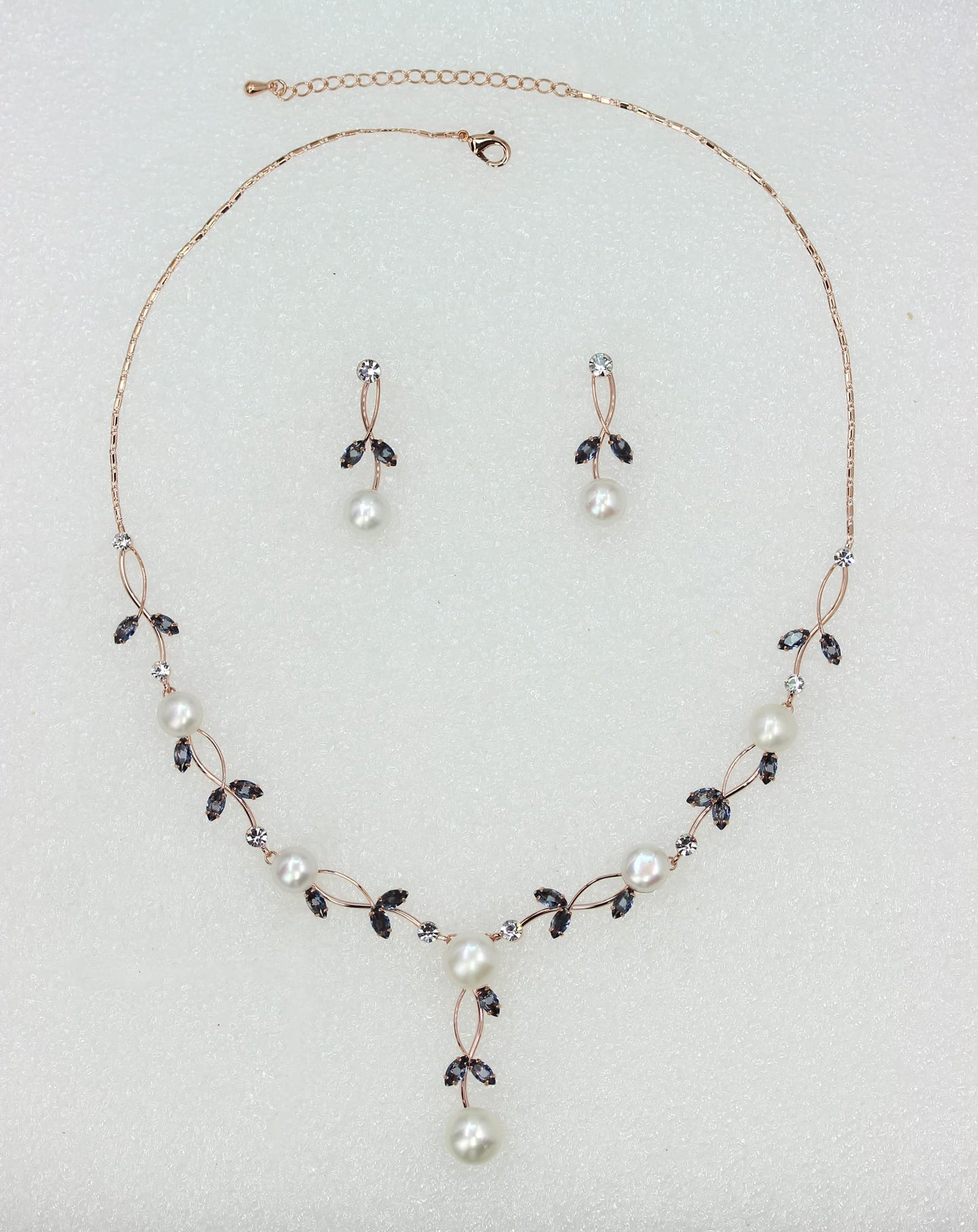 Faship Gorgeous Navy Blue CZ Crystal Genuine Freshwater Pearls Floral Necklace Earrings Set - Navy Blue/Rose Gold Plated