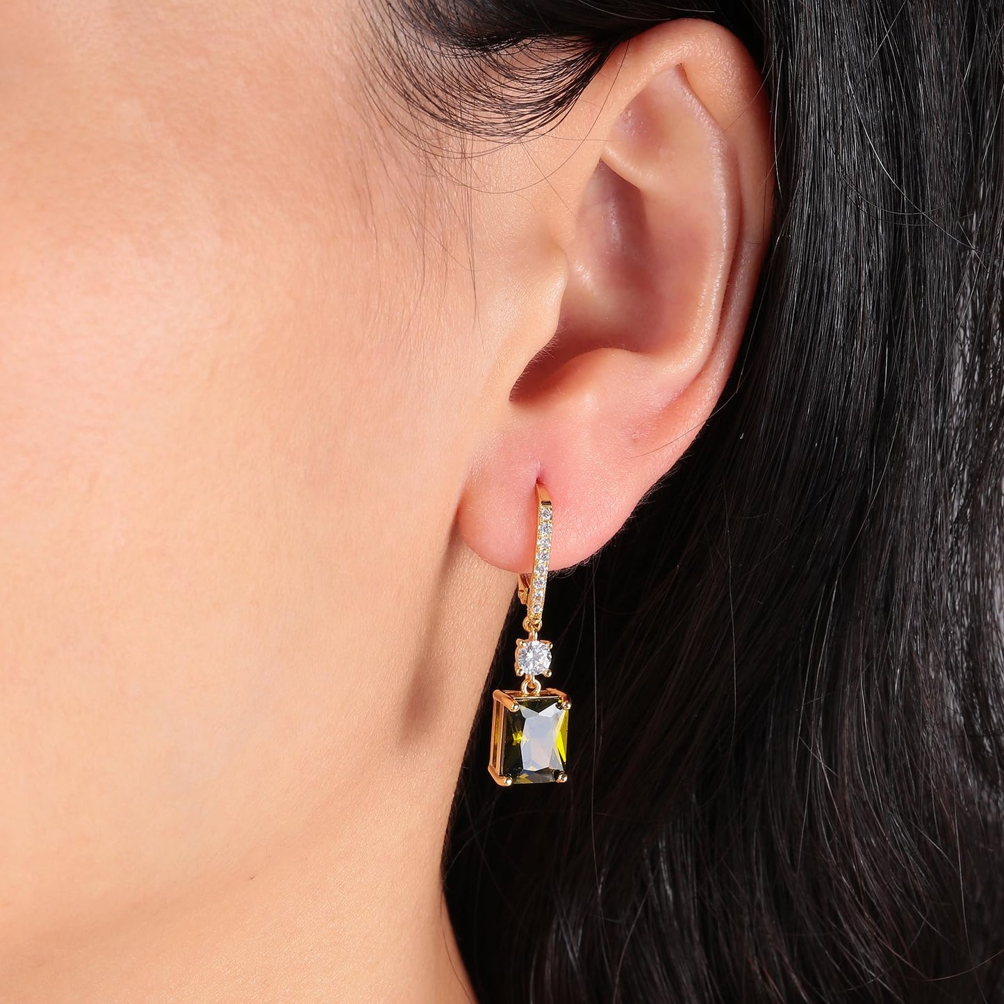 CiNily Leverback Earrings for Women Rectangular-cut Drop Dangle Earring Hypoallergenic, 14K Gold Plated Olive Green Cubic Zircon Earrings Diamond Dangle Ear Rings Jewelry Birthday