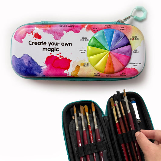 Motion Crafts Paint Brush Organizer Case - Travel Zipper Storage Pouch - Opens Flat - 16 Elastic Slots for Watercolor, Oil, and Acrylic Brushes, Markers, Pencils, Pens and More