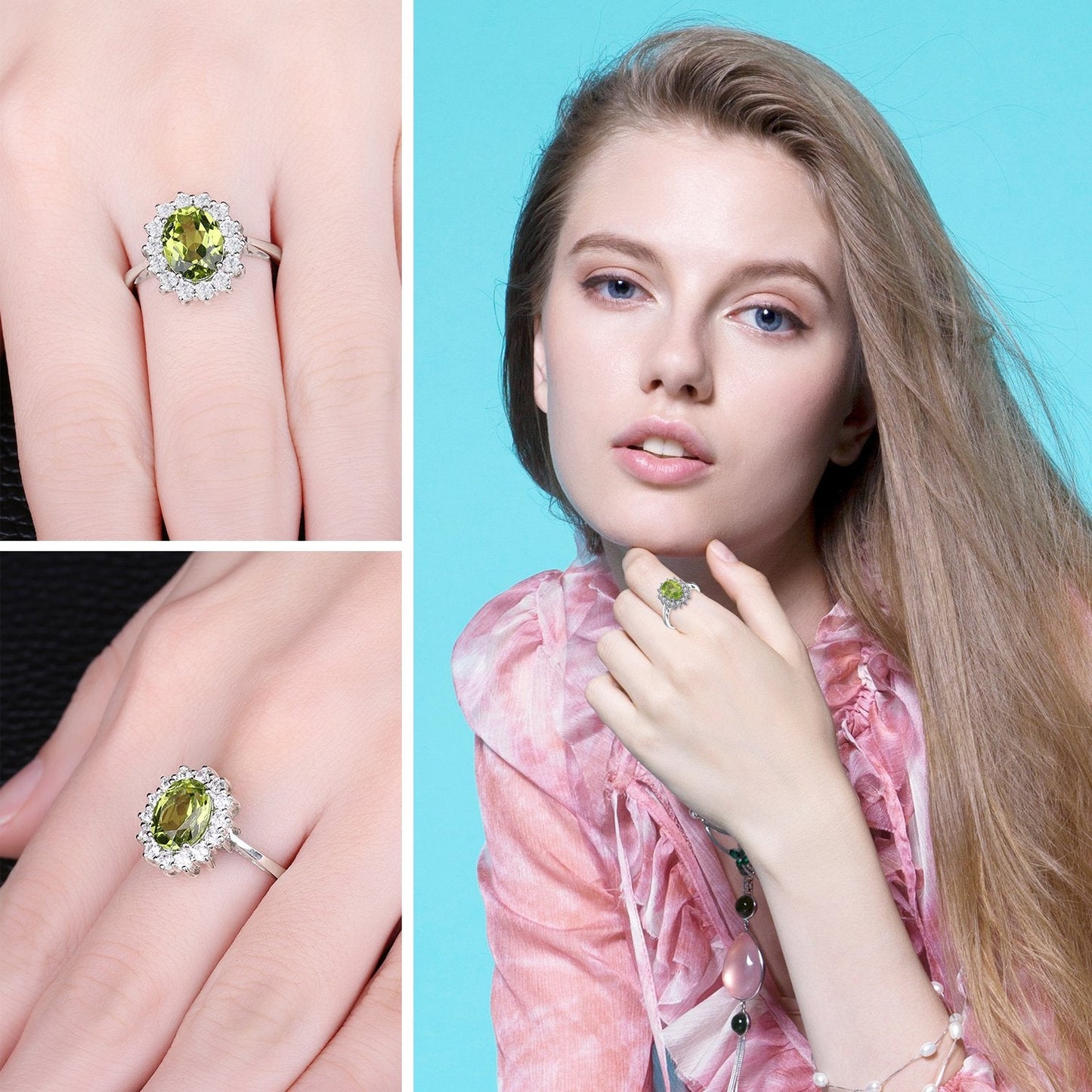 JewelryPalace Princess Diana Kate Middleton Gemstone Birthstone Genuine Peridot Halo Statement Engagement Rings for Women, 14K White Gold Plated 925 Sterling Silver Promise Rings for Her Size 10.5