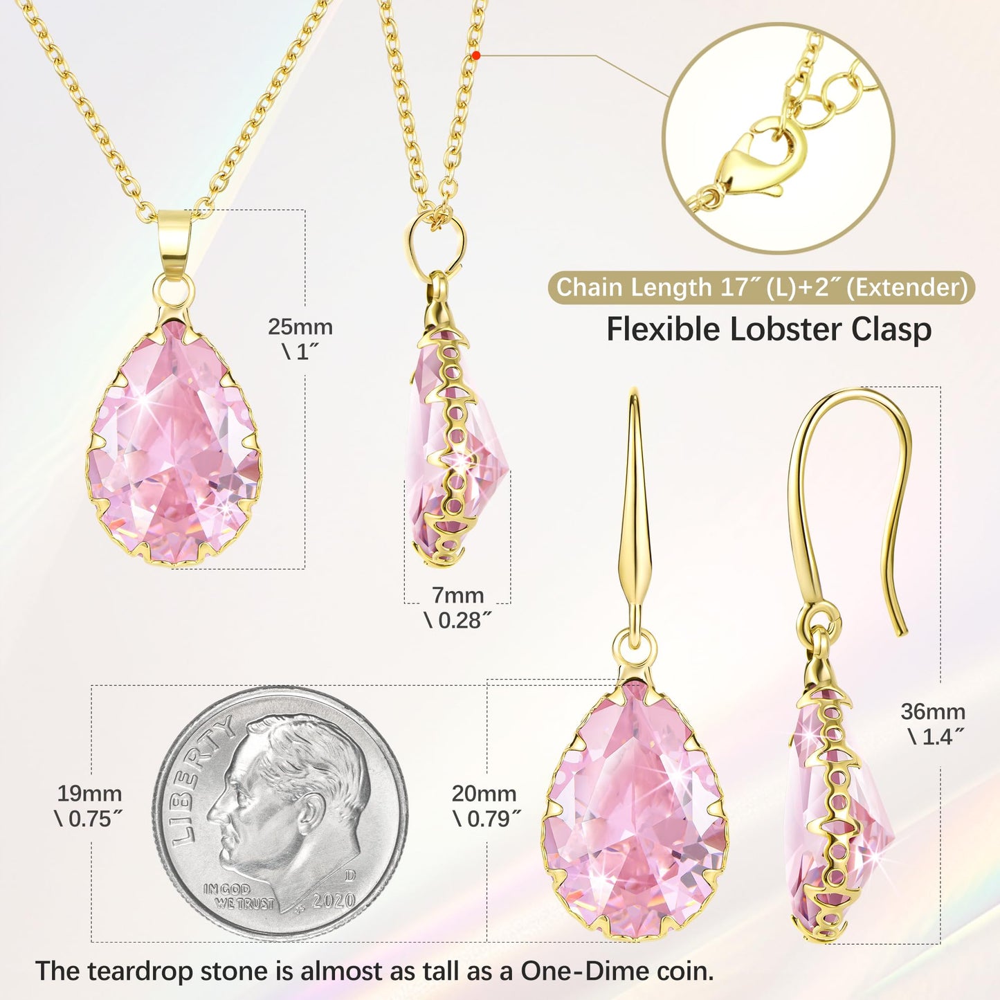 Linawe Pink Jewelry Sets for Women Wedding, Crystal Pendant Necklace Set Pink Earrings Dangling Imitation Diamond Rhinestone Cubic Zirconia Birthstone Dangle Gold Matching