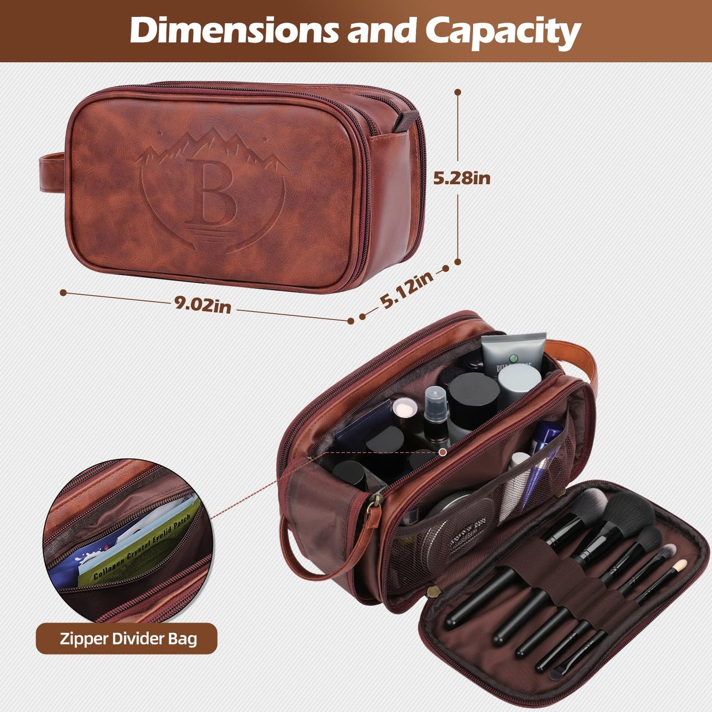 Personalized PU Leather Toiletry Bag for Men, Engraved Initials Waterproof Toiletry Travel Bag, Large Capacity Portable Shaving Bag Travel Essential, Unique Birthday Gift for Men Dad Husband Him,B