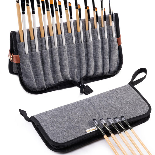 Paint Brush Holder Case for Artists with 22 Slots, Brush Organizer with Pop-Up Stand, Travel Paintbrush Storage Bag for Acrylic Oil Watercolor, Zippered Art Brush Cover (Brushes Not Included)