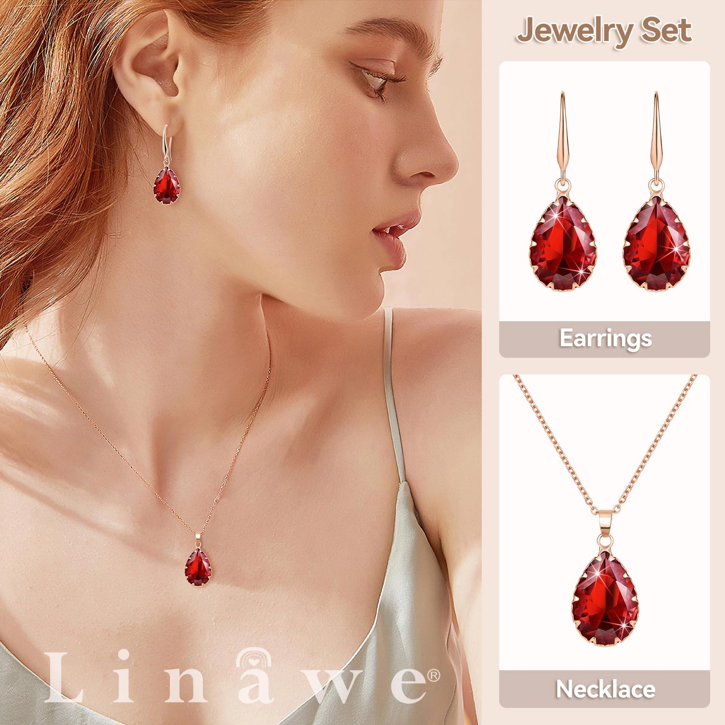 Linawe Lab Created Garnet Ruby Crystal Wedding Jewelry Sets Rose Imitation Gold Plated, Imitation Diamond Pendant Necklace Set, Drop Dangle Red Earring Set, Teardrop Rhinestone Fake Birthstone Matching Jewelry for Women