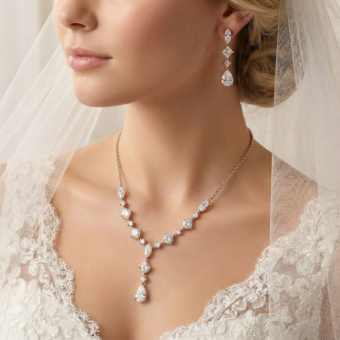 Mariell 14K Rose Gold Plated Cubic Zirconia Necklace & Earrings Bridal Jewelry Set, CZ Crystal Statement Necklace Set for Weddings, Formal Events, Mother of the Bride