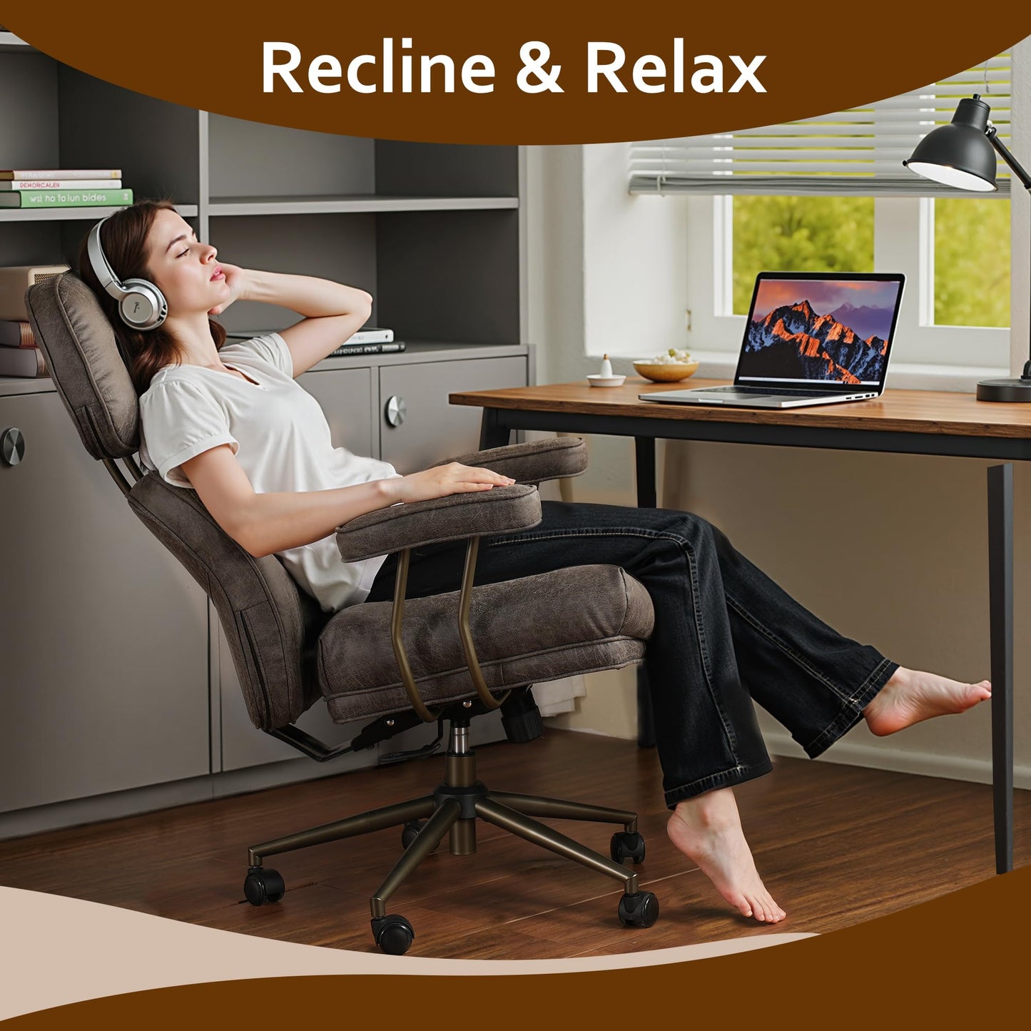 Faux Leather Executive Office Chair - Big and Tall Ergonomic Home Office Chair,Reclining Computer Desk Chairs with Lumbar Support,Adjustable Task Swivel Rolling PC with Wheels,Grey,Suede