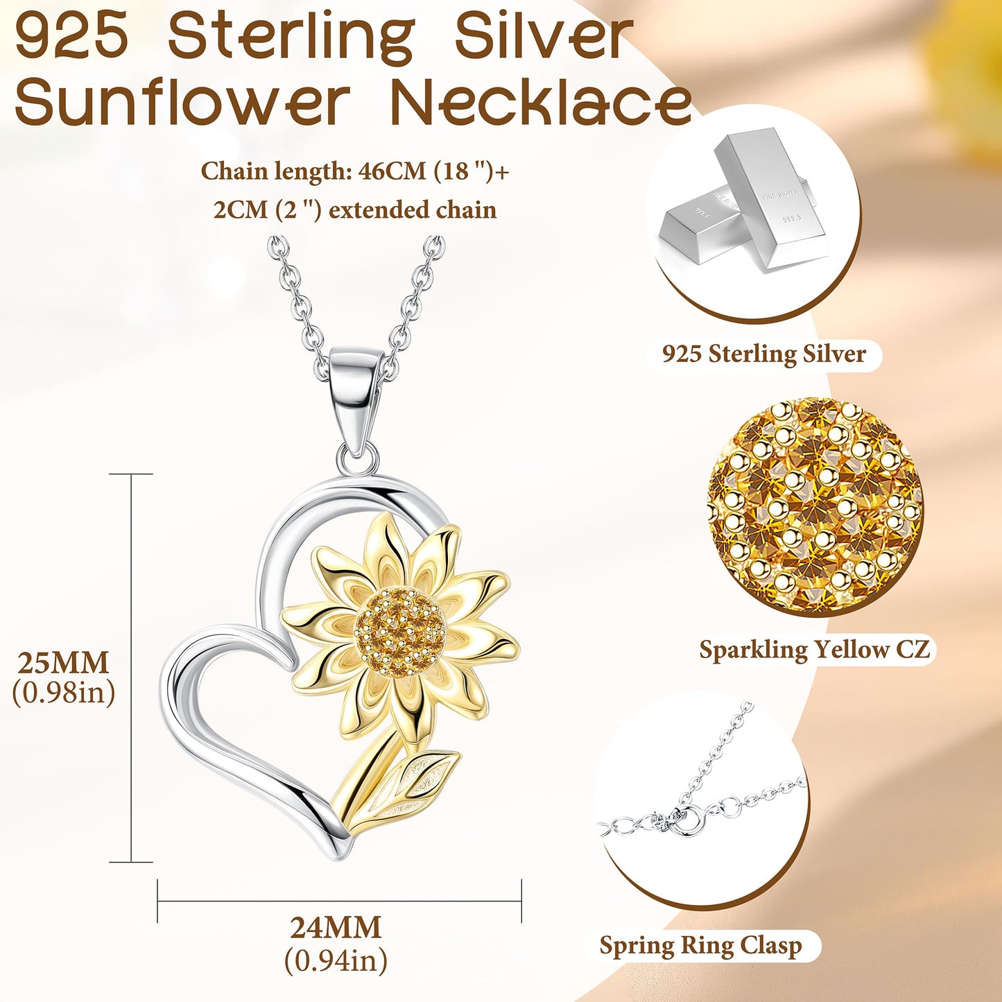 MILACOLATO 925 Sterling Silver Sunflower Necklace 14K Gold Plated You're My Sunshine Sunflower Heart Pendant Necklace Cubic Zirconia Sunflower Jewelry Gift for Women Mom